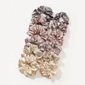 Set of 12 glossy satin scrunchies in silver, pink, and gold on white background - Khaki (12Pcs-6L+6S)