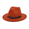Detail of brick red wool fedora hat featuring a black leather band with silver punk rivets - M (56-58cm) / Caramel color