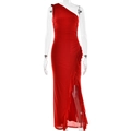 Elegant red one-shoulder maxi dress with side slit and waist-slimming fit for women - S / Red