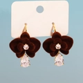 Detailed close-up of dark red velvet flower earrings with drop zircon on card - Dark Brown Velvet Flower Waterdrop Zirconia Drop Earrings (Style 3)