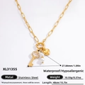 Edelstahl Halskette mit 18k Goldbeschichtung, Perlen, Herz und Schlüssel Anhänger - Schlüssel Herz Perle Anhänger (XL31355) / 18K Gold Beschichtet