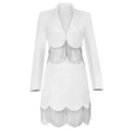 Detailed view of white blazer dress featuring elegant silver tassel fringes and lapels - XS / White