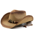 Cappello da cowboy in paglia intrecciata sfumata con cinturino di perline e tesa larga - M(56-58cm) / Khaki Caffè