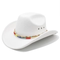 White felt western cowboy hat with colorful beaded ethnic band and metal eyelets - M (56-58cm) / White
