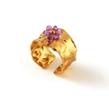 Golden hammer textured open ring featuring a delicate purple crystal flower cluster - Adjustable Open / Purple