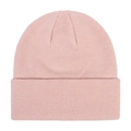 Detailed view of a soft pink knitted beanie hat featuring a classic folded cuff design - Light Skin Red