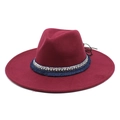 Close-up of burgundy wool felt jazz hat with ethnic pattern ribbon and blue fringe detail - M (56-58cm) / Burgundy