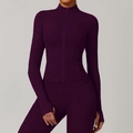 Women's dark purple zip-up yoga jacket and matching high-waisted leggings set - S / Tops / Giga Purple
