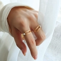 Golden geometric ring set with pearl accent in a minimalist Korean style - US 7 / Gold