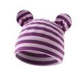 Close-up of purple and pink striped baby beanie with cute round ears and ribbed knit texture - Purple Pink Stripes