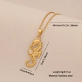 Golden seahorse pendant necklace in stainless steel with opal stone and size details - Seahorse