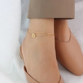 Double-layer gold stainless steel anklet with snake chain and round character charm - Gold Double-Layer Hollow Round Charm Anklet (S002) / 20+5cm