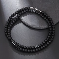 Lange schwarze Lavastein-Halskette mit polierten Edelstahlelementen im Boho-Stil - Glänzende Schwarze Rundperle Metall-Spacer Kette (ZJ10559)