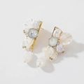 Detailed macro view of white flower crystal earrings with drop pearl and gold plating - White Flower (Silver Pin)