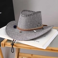 Close-up of gray cowboy sun hat with ethnic bead decorations and woven leather strap - Adult (55-60cm) / Gray