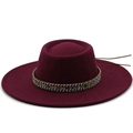 Close-up of wine red wool pork pie hat with ethnic woven band and brown leather tie - M (56-58cm) / Burgundy