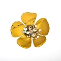 Elegant acrylic camellia flower brooch with rhinestones and amber resin petals on white base - Mustard Yellow