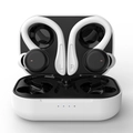 Black TWS wireless earbuds with white ear hooks and charging case in high resolution - Touch Version / White