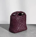 Mini woven leather bucket bag in deep purple wine red with dual top handles - Burgundy