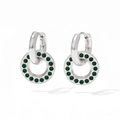 Silver stainless steel hoop earrings with detachable green crystal oval pendant charms - Silver Green (PDE1107)