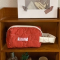 Cute red quilted rabbit cosmetic storage bag with stay cute slogan and white handle - Red Wristlet Bag