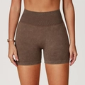 Pantaloncini yoga senza cuciture marrone cioccolato con vita alta a coste elasticizzata - S / Marrone Tè di Betulla