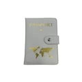 Detail of white PU leather passport holder with gold foil text and snap button closure - Small Airplane & Map Pattern / White