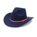 Detail of navy felt fedora hat with vibrant pink faux leather belt and gold buckle - M (56-58cm) / Navy Blue