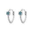 Silver S925 huggie hoop earrings featuring inlaid round blue turquoise gemstones - Single Bead Style (Model A) / White Gold