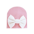 Pink knit baby beanie featuring a large white bow, warm winter hat for newborns - 0-6 Months / Pink and White