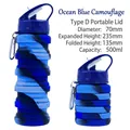 Blue camouflage 500ml collapsible silicone water bottle with carabiner for outdoor sports - Carry Handle Cap/Sea Blue Camo