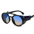 Steampunk round sunglasses with blue gradient lenses and studded leather side shields - Black Frame Progressive Blue