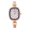 Elegant rose gold oval watch with diamond bezel, marble dial and pink leather strap - Pink
