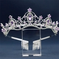 Detailed macro view of silver bridal crown with purple rhinestones and secure metal combs - Silver Base Purple