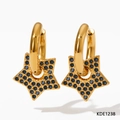 Elegant gold hoop earrings featuring five-pointed stars set with sparkling blue zircon - Gold Base Blue Rhinestone Style (KDE1238)