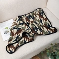 Thick camo coral fleece pet blanket with black ribbon edges on a beige sofa - Camo Coffee