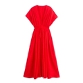 Elegantes rotes Midi-Kleid mit V-Ausschnitt, tailliertem Schnitt und Faltenrock auf Weiß - XS / Rot