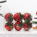 6-pack of red Christmas tree balls with pine needles and berries in a clear PVC gift box - 8cm Style 9 (Red Gold Glitter Pattern Boxed)