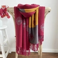 Thick camellia jacquard scarf in deep red, mustard yellow, and grey patchwork with tassels - Dandelion Wine Red