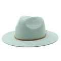 Summer fedora straw hat in mint green with brown leather band for beach sun protection - M (56-58cm) / Mint Green