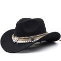 Bohemian black wool cowboy hat with turquoise star charm and braided ethnic band - M (56-58cm) Adjustable / Black