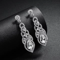 Dettaglio di orecchini a goccia argentati con strass scintillanti su supporto elegante - Argento