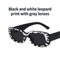 Retro square sunglasses featuring black and white leopard print frames and grey lenses - Black & White Leopard / Grey Lenses