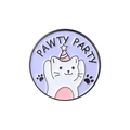 Cute round purple cat enamel pin badge featuring Pawty Party text and party cat - PAWTY PARTY Cat