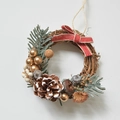 Mini Christmas wreath with pine needles, red burlap bow, and gold ornaments - Medium Gold Berry Wreath 11cm