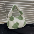Chic plush cow print handbag with green spots in a stylish faux fur shoulder bag design - Heart-shaped Green // Great Deals