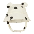 Detail view of a white baby bucket hat with black heart prints and cute bear ears - 17*38cm / White Heart Print
