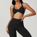 Ensemble de yoga noir avec brassière dos nu froncée et legging taille haute à poches latérales - S / Haut Et Bas / Noir Premium