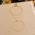 Gold-plated stainless steel flower slave bracelet with sparkling crystal accents for women - Flower Design Style (B2060)