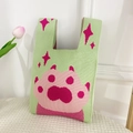 Cute green knitted handbag featuring a pink cat paw pattern and sturdy dual handles - Green Large Cat Paw